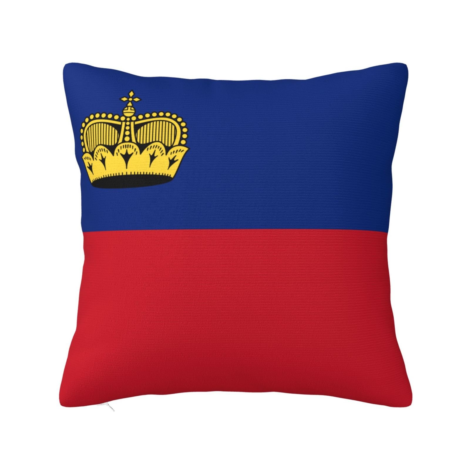 Vierkante sierkussenhoezen met Liechtensteinse vlag voor op de bank of fauteuil in de slaapkamer.