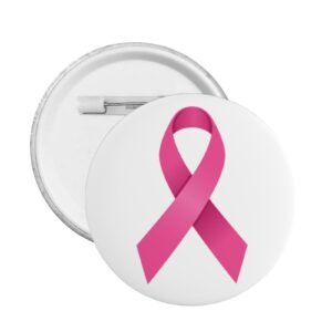 5 botones redondos de cinta rosa para concientización sobre el cáncer de mama.