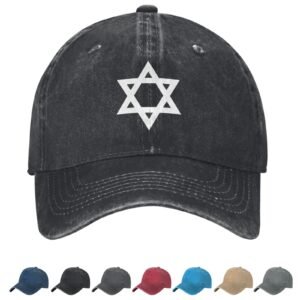 Flag of Star of David Denim Baseball Cap White Star of David Flag Unisex Vintage Adjustable Outdoor Trucker Hat Black