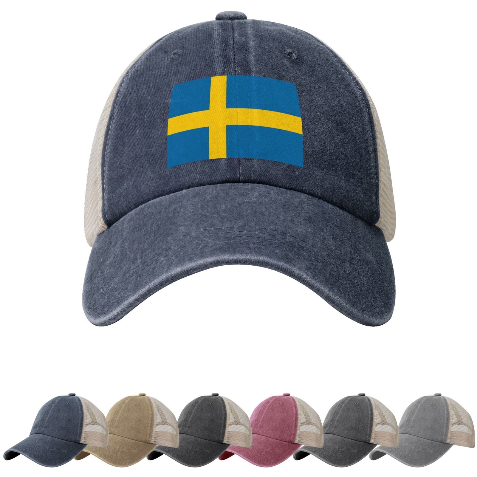 Sweden Flag Sun Hats for Men Women Flag of Sweden Cowboy Mesh Baseball Cap Swedes Trucker Hat - Image 4