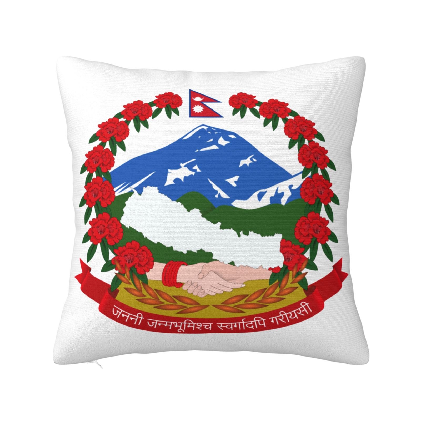 Vierkante sierkussenhoezen met het wapen van Nepal, het nationale embleem van Nepal, voor op de bank of fauteuil in de slaapkamer.
