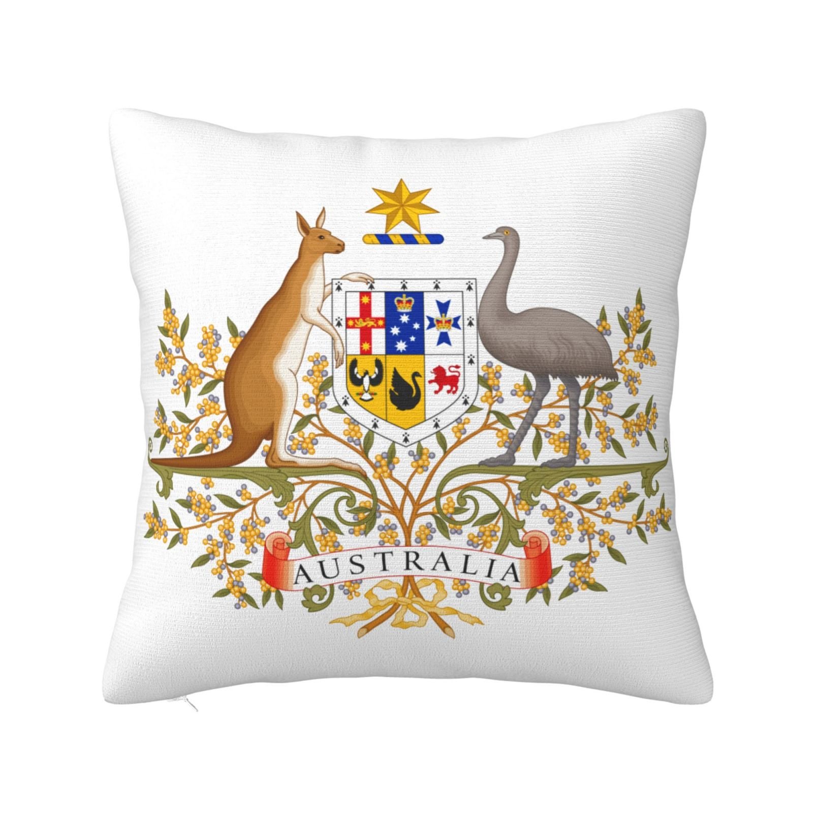 Vierkante sierkussenhoezen met het Australische wapen, nationaal embleem, voor op de bank of fauteuil in de slaapkamer.