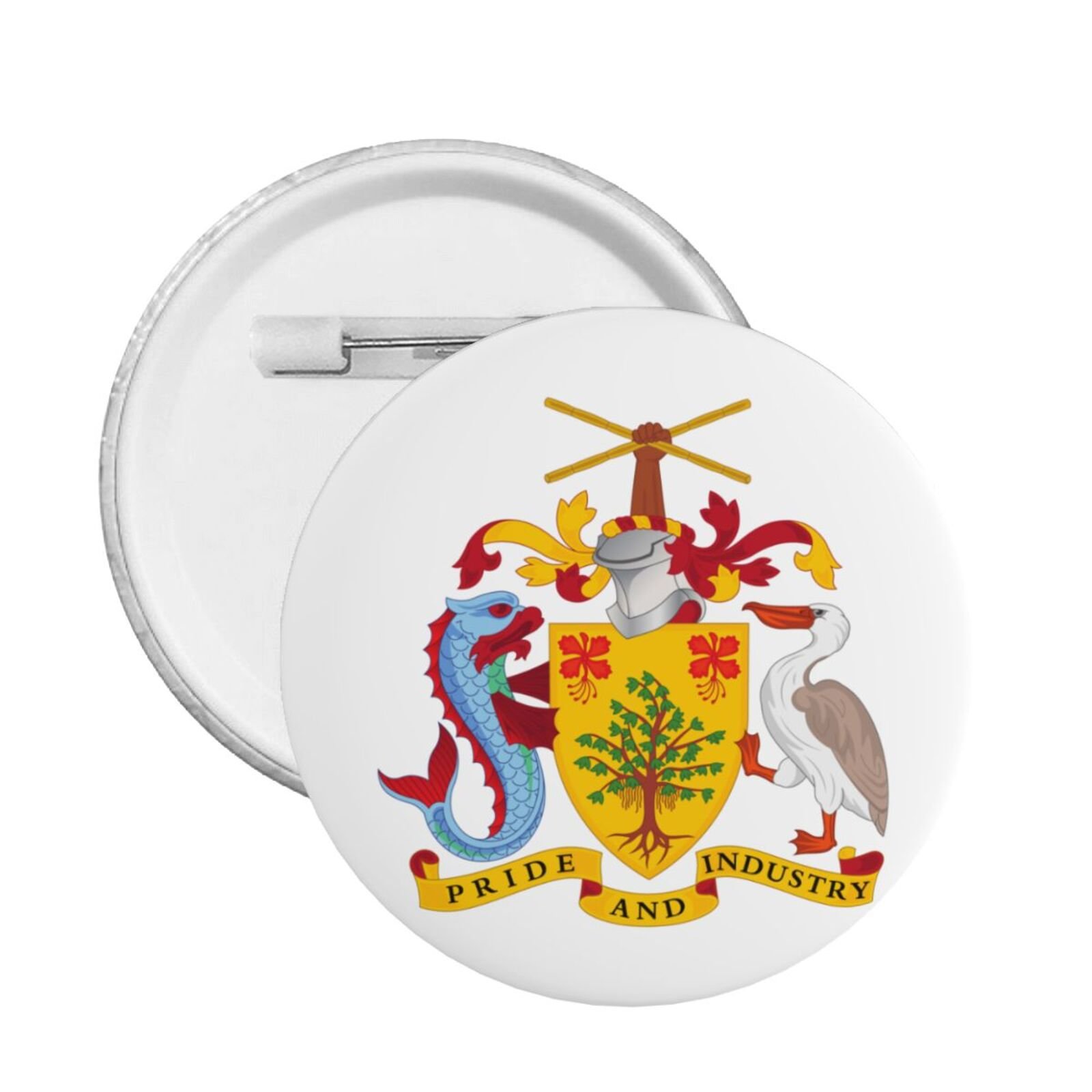 5 stuks ronde badges met het wapen van Barbados, ondersteuning van het embleem van Barbados, speldjes met Barbadiaanse decoratie.