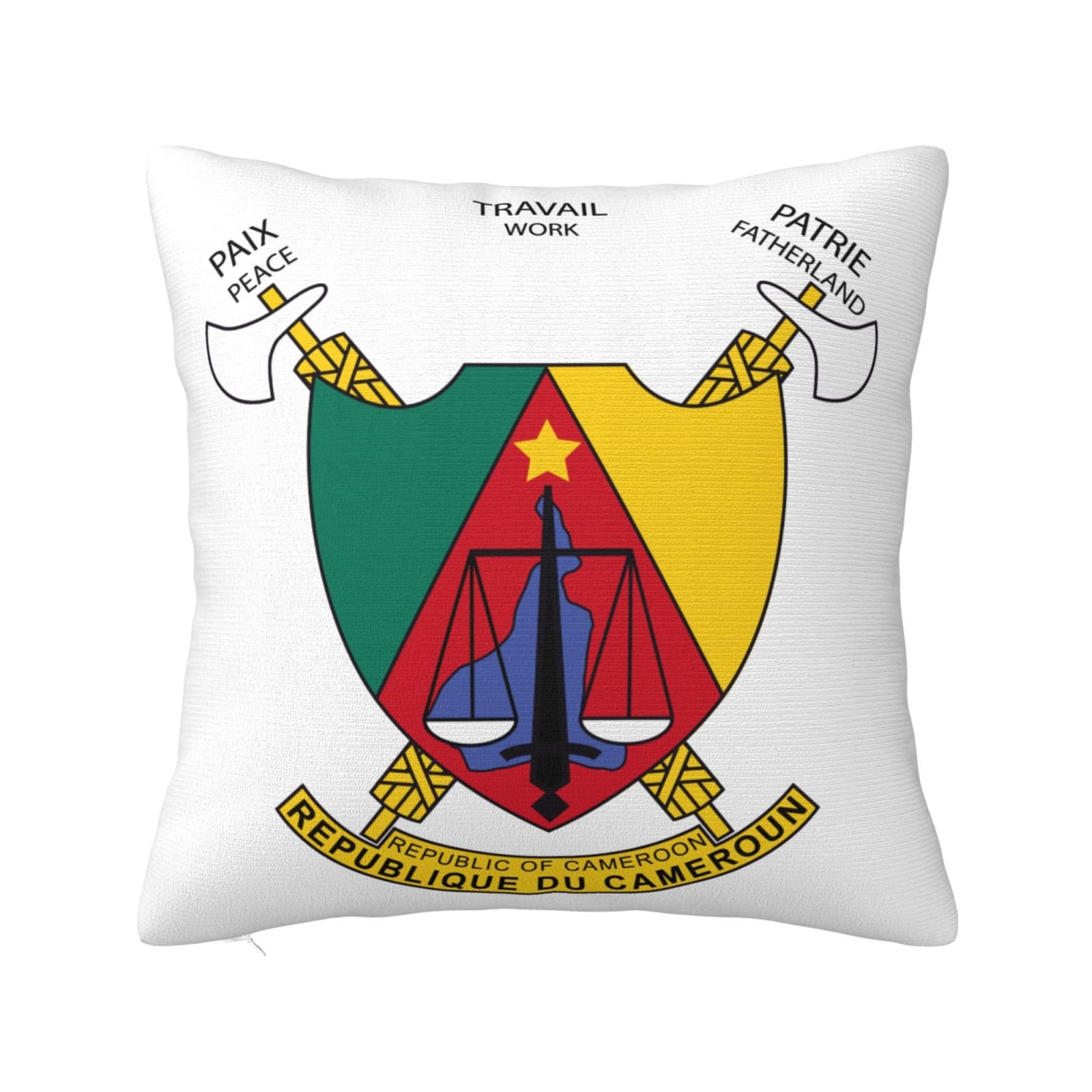 Vierkante sierkussenhoezen met het wapen van Kameroen, het nationale embleem van Kameroen, voor op de bank of fauteuil in de slaapkamer.