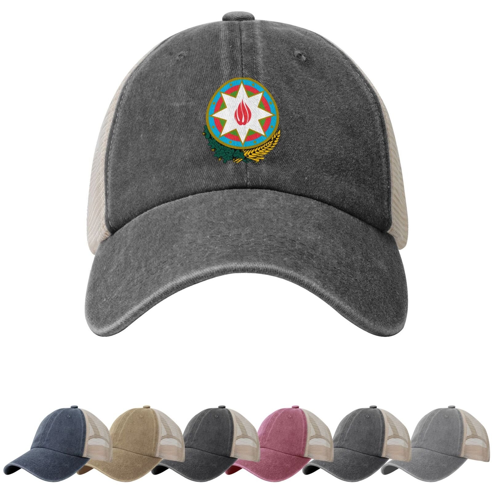 Coat of Arms of Azerbaijan Sun Hats for Men Women Azerbaijan Emblem Cowboy Mesh Baseball Cap Azerbaijani Trucker Hat - Image 2
