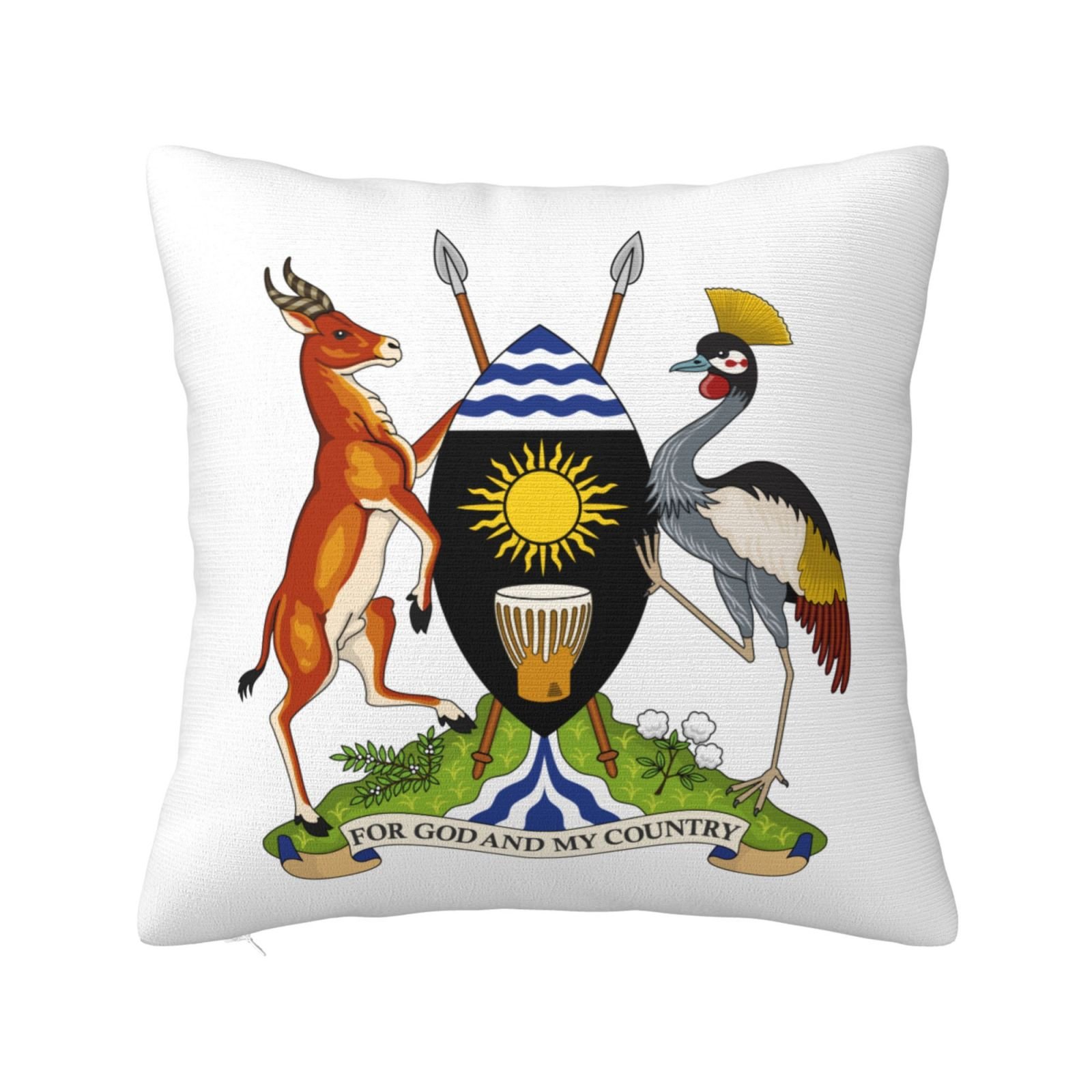 Vierkante sierkussenhoezen met het wapen van Oeganda, het nationale embleem van Oeganda, voor op de bank of fauteuil in de slaapkamer.