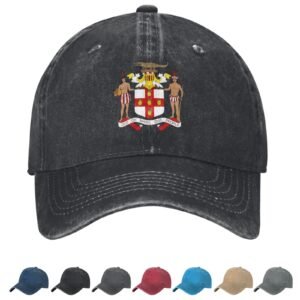 Coat of arms of Jamaica Denim Baseball Cap Jamaican Casual Unisex Vintage Adjustable Flag Trucker Hat Black