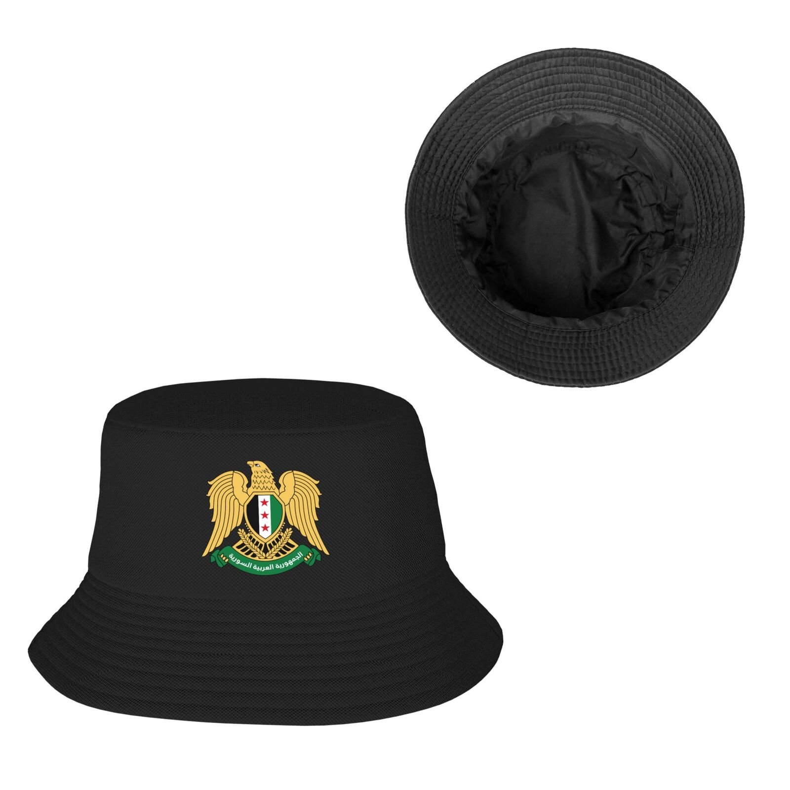 Syrische bucket hat voor mannen en vrouwen met het wapen van Syrië, zomerse outdoor- en vissershoed in het zwart.