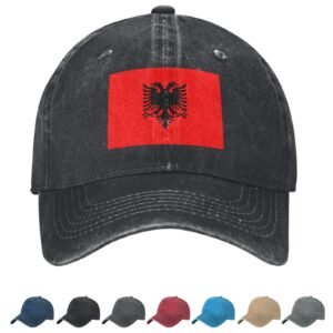 Flag of Albania Denim Baseball Cap Albanian Flag Unisex Vintage Adjustable Outdoor Trucker Hat Black