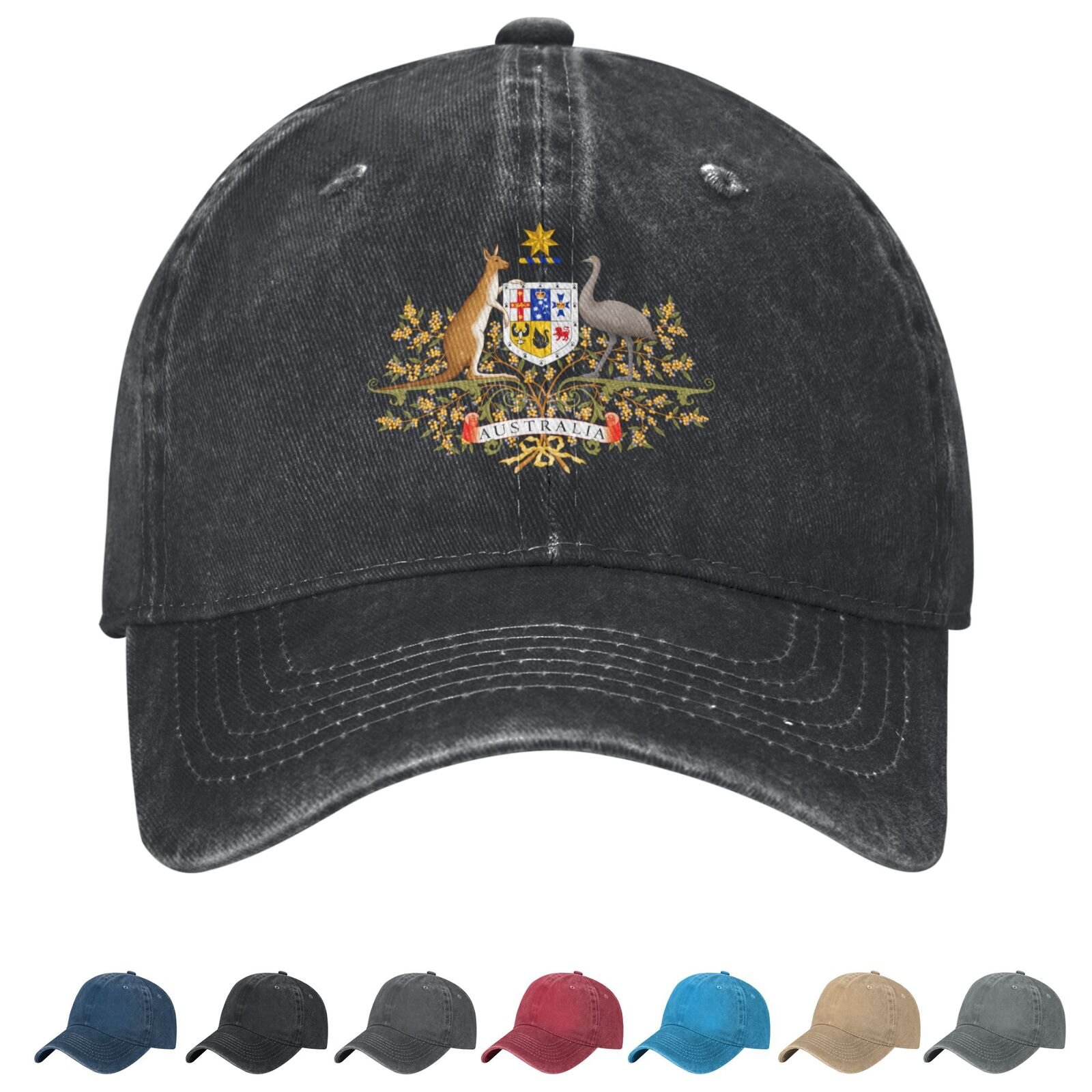 Coat of arms of Australia Denim Baseball Cap Australian Casual Unisex Vintage Adjustable Flag Trucker Hat Black