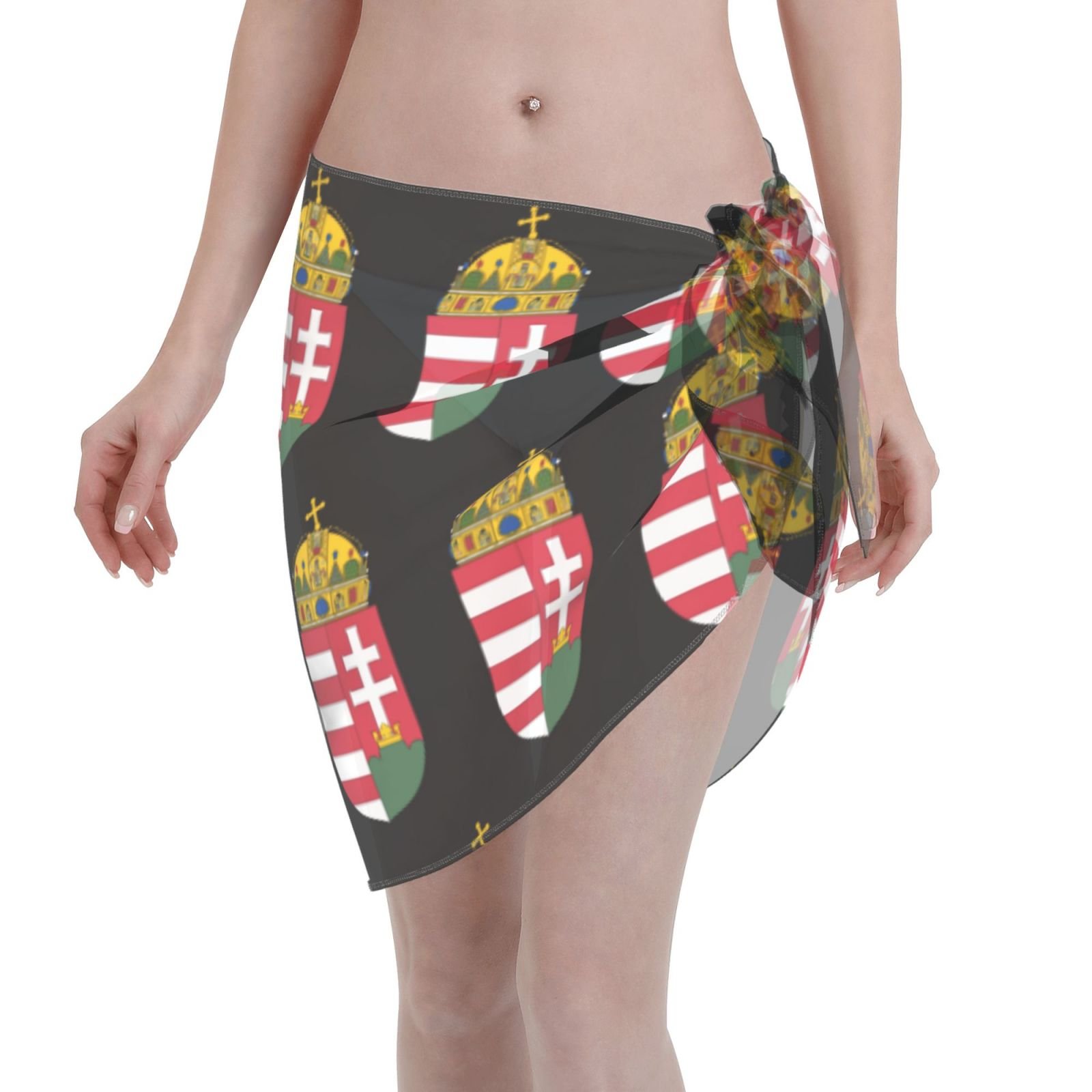 Pareo corto da donna, copricostume da spiaggia, emblema ungherese per costume da bagno ungherese, gonna corta, sciarpa in chiffon