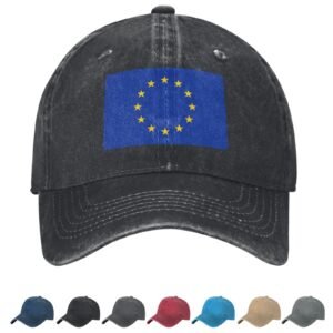 Flag of Europe Denim Baseball Cap European Flag Unisex Vintage Adjustable Outdoor Trucker Hat Black