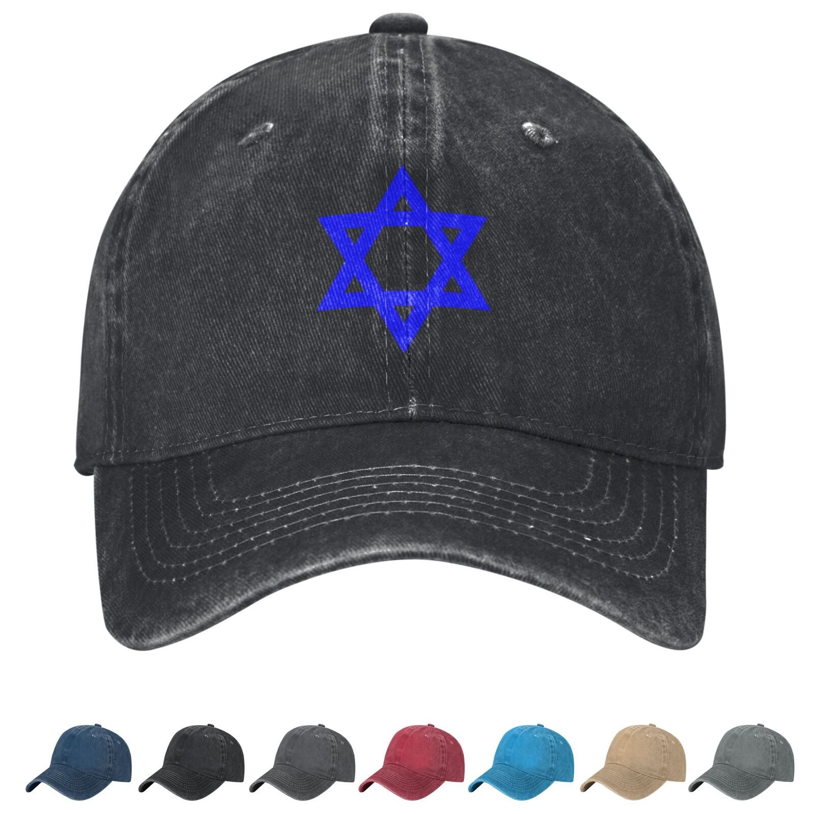 Flag of Star of David Denim Baseball Cap Blue Star of David Flag Unisex Vintage Adjustable Outdoor Trucker Hat Black