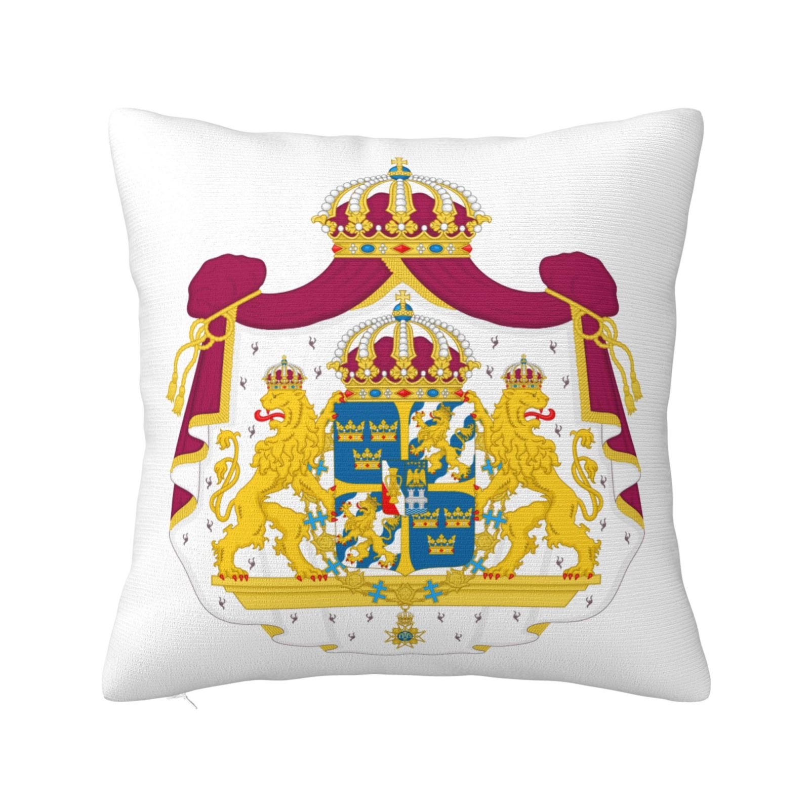 Vierkante sierkussenhoezen met het Zweedse wapen, het nationale embleem, voor op de bank of fauteuil in de slaapkamer.
