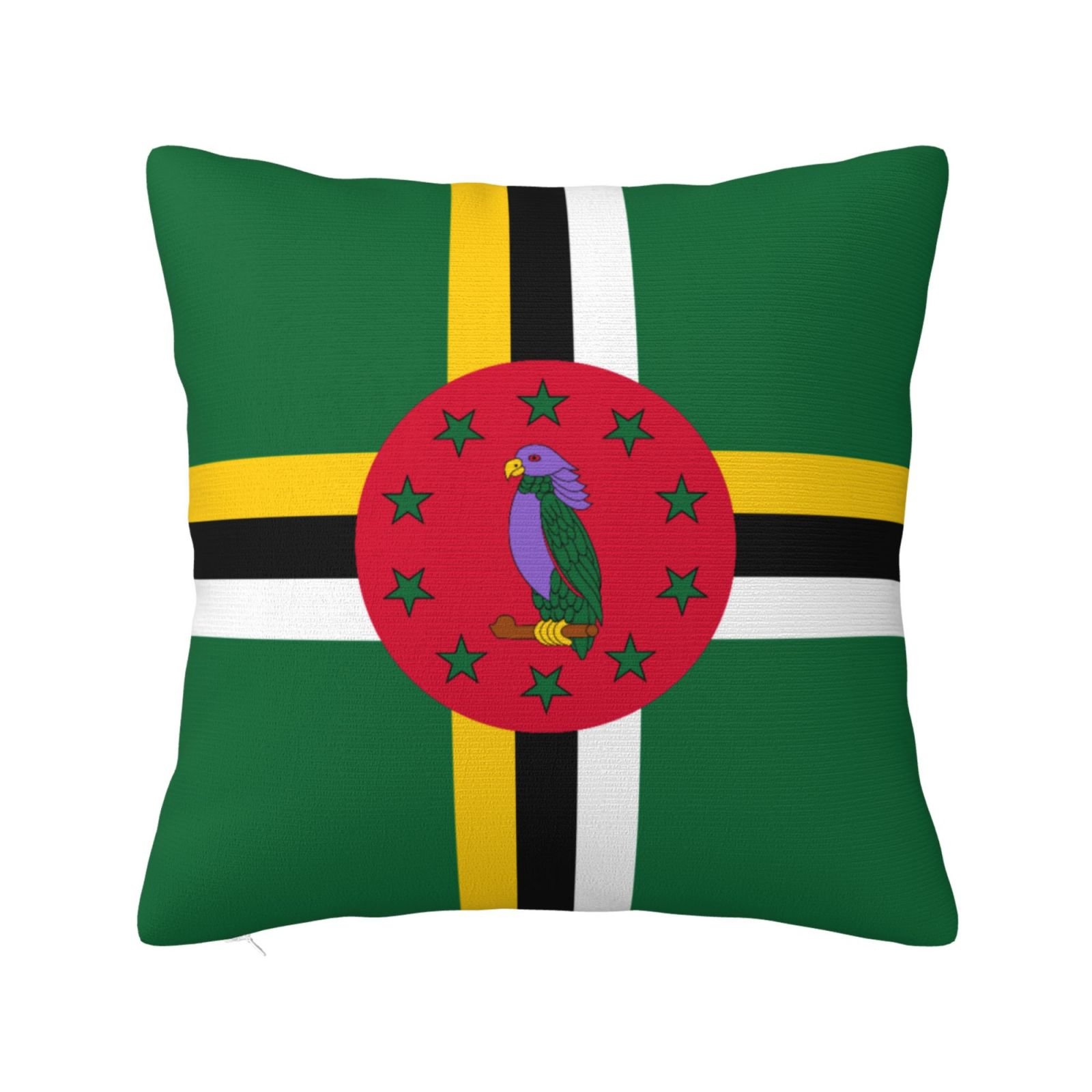 Vierkante sierkussenhoezen met Dominicaanse vlag voor op de bank of fauteuil in de slaapkamer.