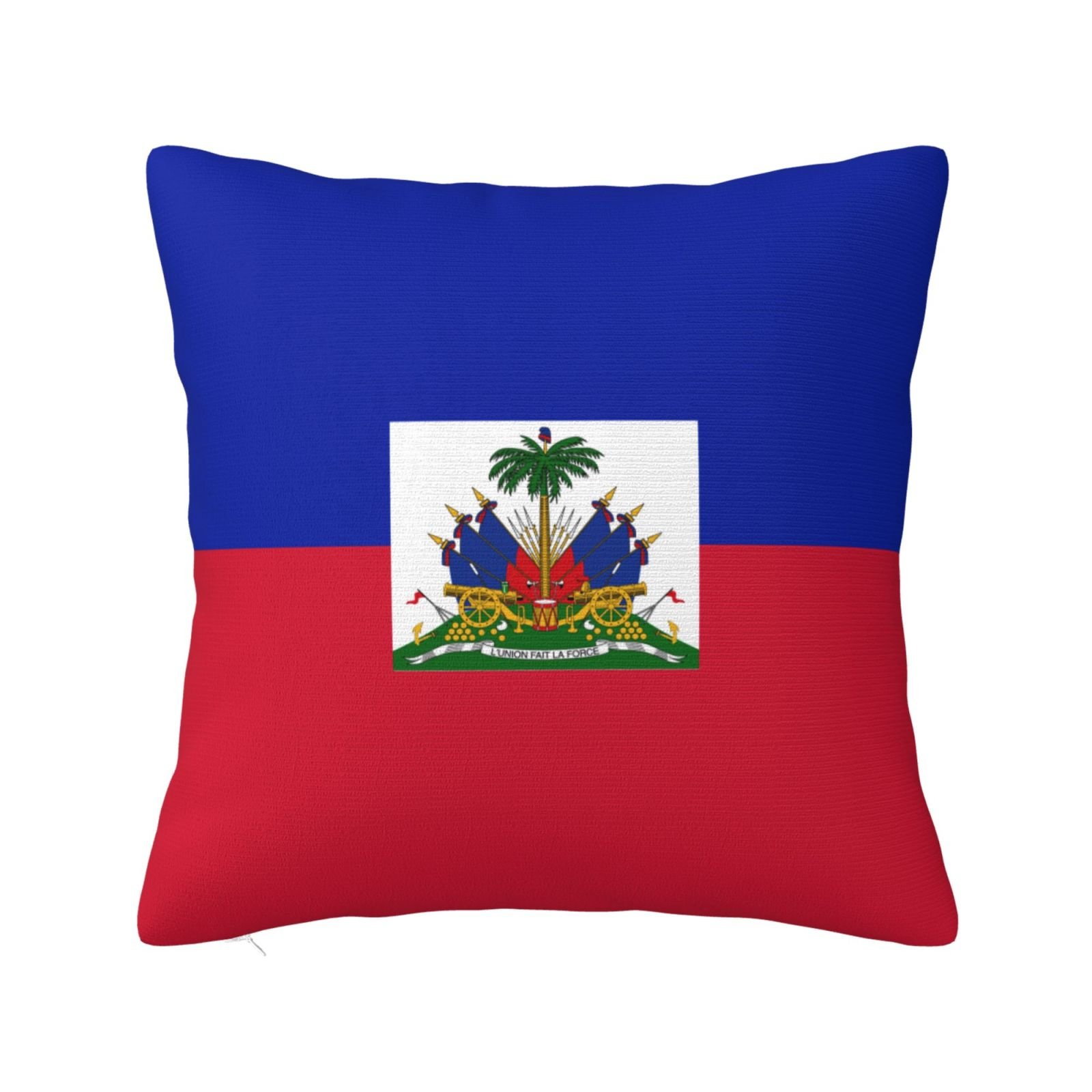 Vierkante sierkussenhoezen met Haïtiaanse vlag voor op de bank of fauteuil in de slaapkamer.