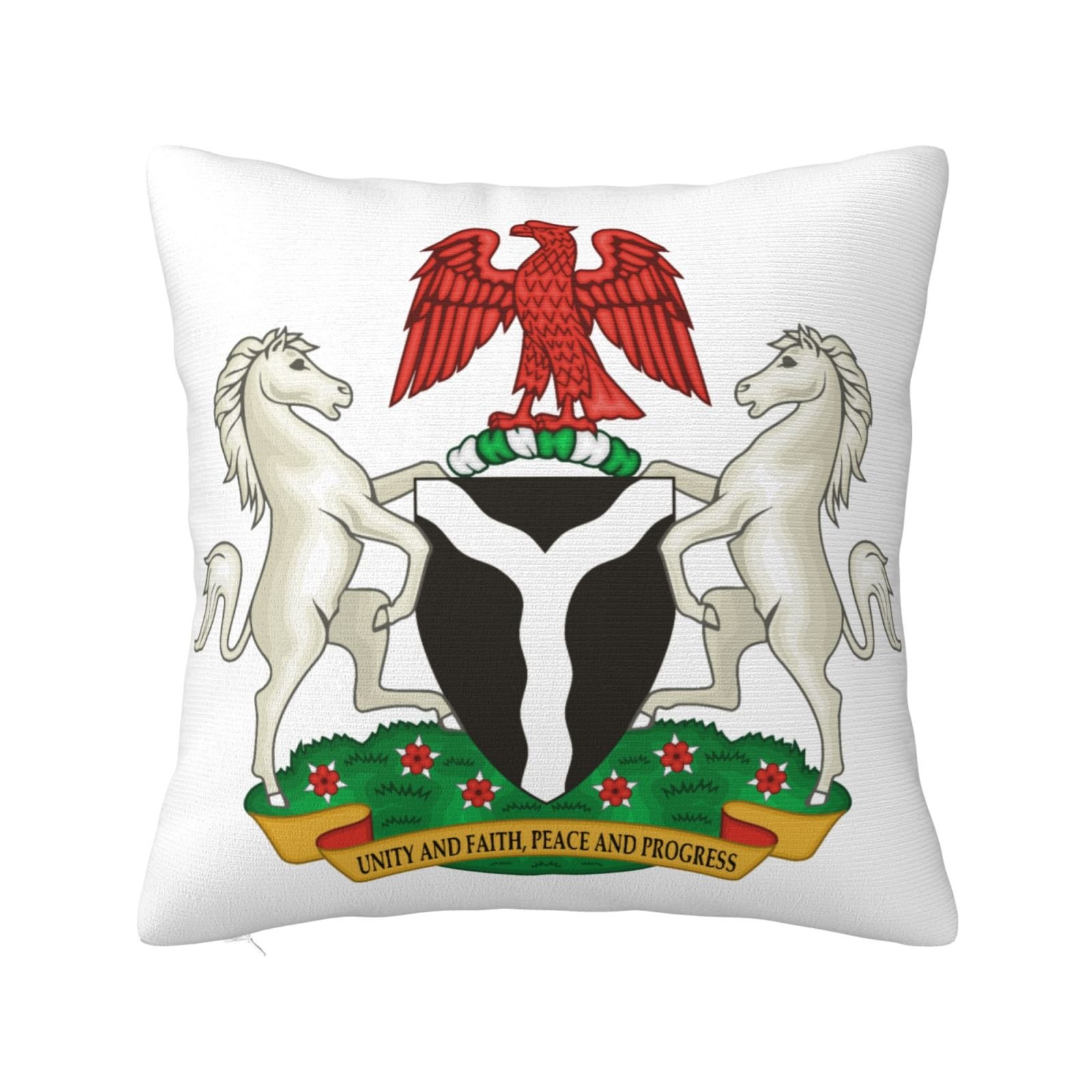Vierkante sierkussenhoezen met het wapen van Nigeria, het nationale embleem van Nigeria, voor op de bank of fauteuil in de slaapkamer.
