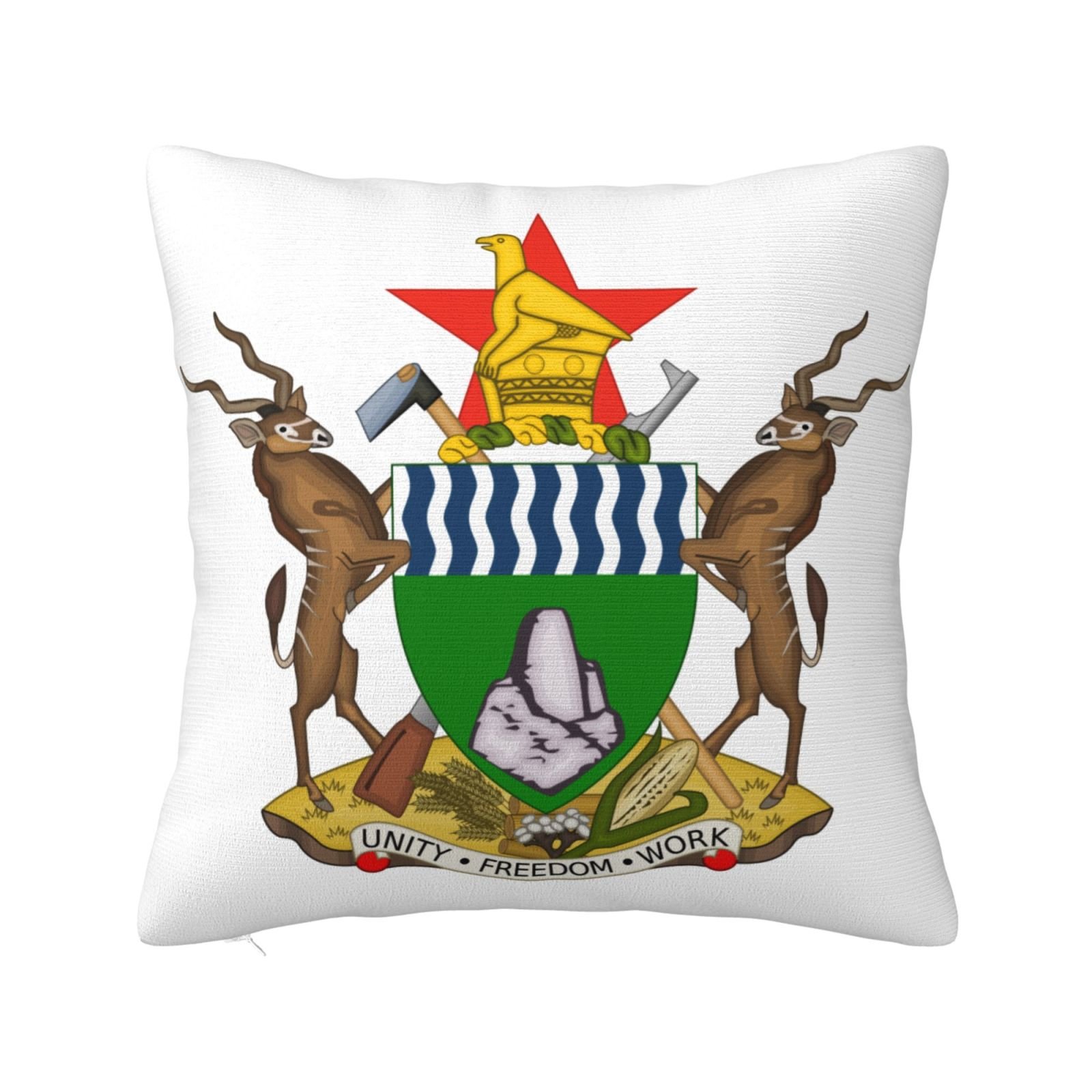 Vierkante sierkussenhoezen met het wapen van Zimbabwe, het nationale embleem van Zimbabwe. Kussensloop voor de bank, fauteuil of slaapkamer.