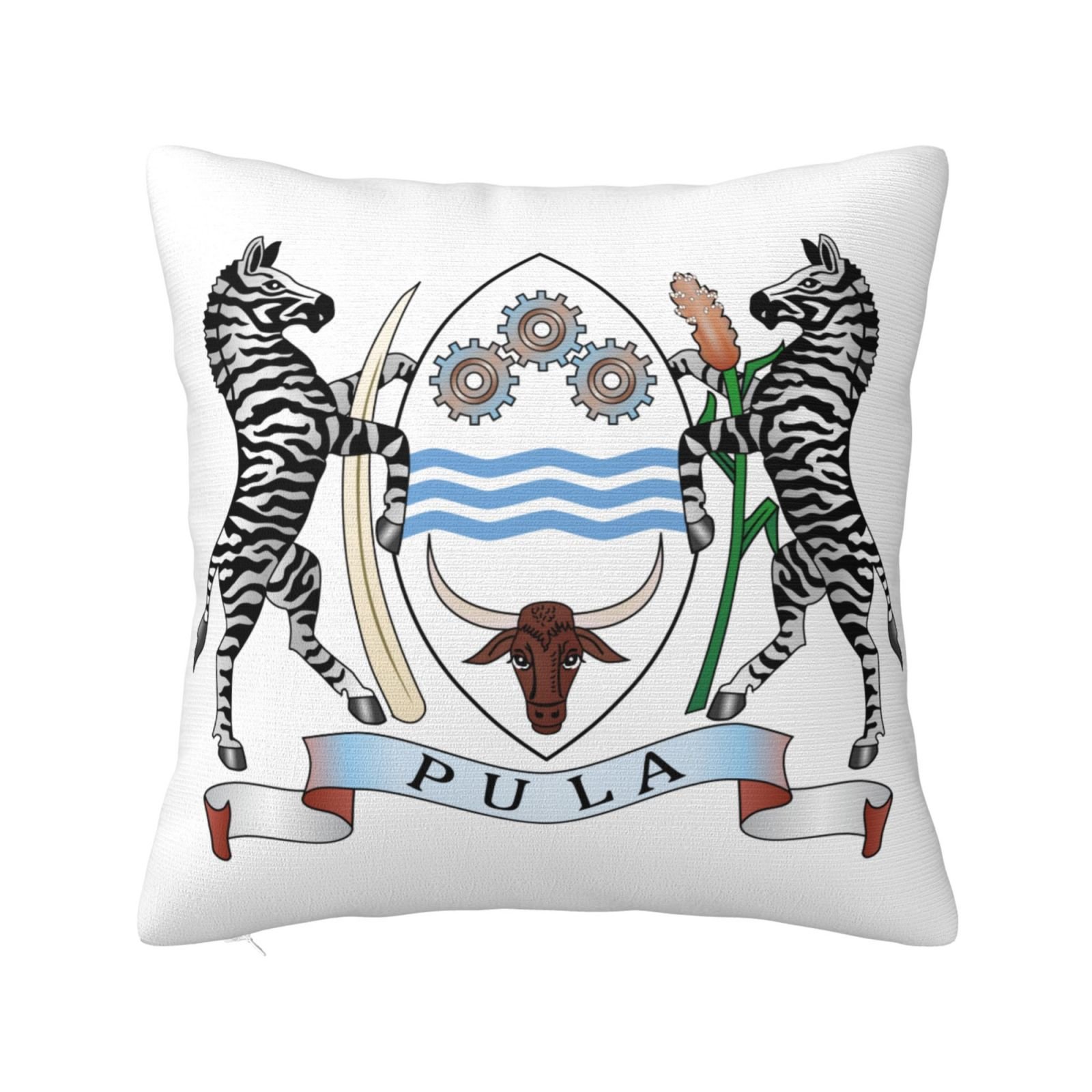 Vierkante sierkussenhoezen met het wapen van Botswana, het nationale embleem van Botswana, voor op de bank of fauteuil in de slaapkamer.