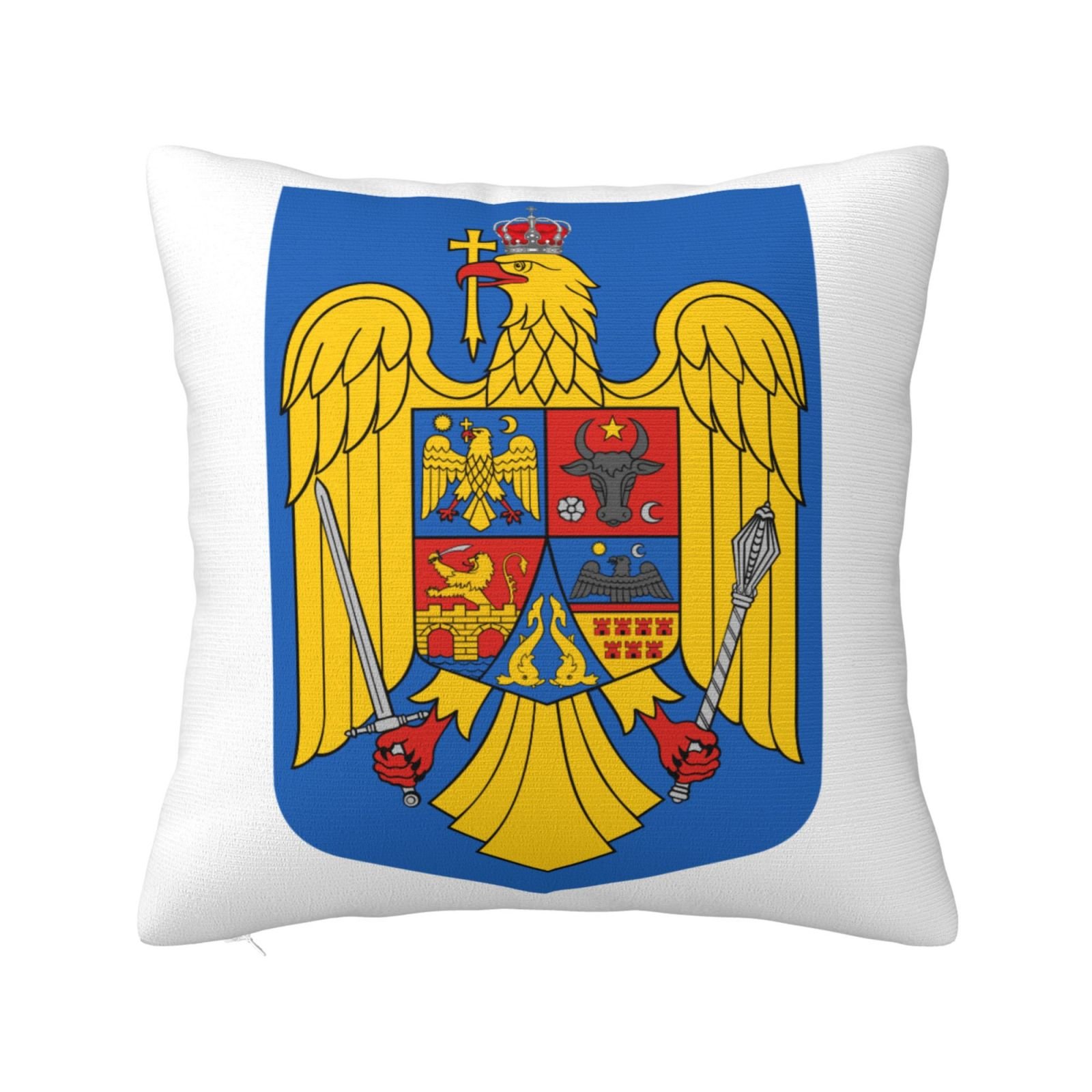 Vierkante sierkussenhoezen met het Roemeense wapen, nationaal embleem, voor Roemeense bank, fauteuil en slaapkamer.