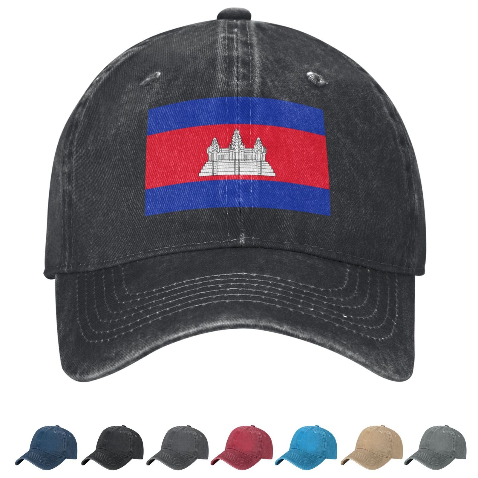 Flag of Cambodia Denim Baseball Cap Cambodian Flag Unisex Vintage Adjustable Outdoor Trucker Hat Black